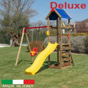 Torre Singola Deluxe + arrampicata + altalena con n.1 sedile a gabbia