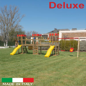 Struttura a n.3 torri Deluxe con n.2 ponti di collegamento + n.2 scivoli + altalena con n.1 sedile libero + n.1 sedile a gabbia