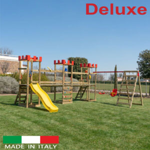 Struttura a n.3 torri Deluxe disposizione angolare con n.2 ponti di collegamento + n.1 scivolo+ altalena con n.1 sedile libero + n.1 sedile a gabbia + sartia
