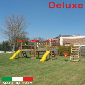 Struttura a n.3 torri Deluxe con n.2 ponti di collegamento + n.2 scivoli + altalena con n.1 sedile libero + n.1 sedile a gabbia + sartia