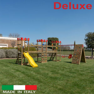 Struttura a n.3 torri Deluxe disposizione angolare con n.2 ponti di collegamento + n.1 scivolo + altalena con n.1 sedile libero + n.1 sedile a gabbia + sartia climbing