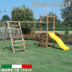 Torre singola con altalena con 2 sedili liberi e arrampicata e sartia standard