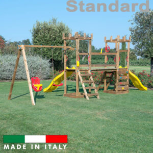Struttura 2 torri con ponte di collegamento altalena con un sedile libero un sedile a gabbia e arrampicata standard