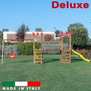 Struttura 2 torri con ponte di collegamento, altalena con un sedile libero e un sedile a gabbia e arrampicata deluxe