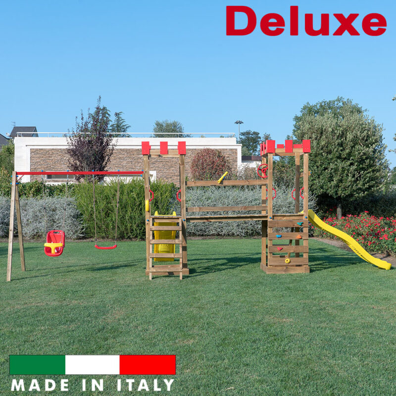 Struttura 2 torri con ponte di collegamento, altalena con un sedile libero e un sedile a gabbia e arrampicata deluxe