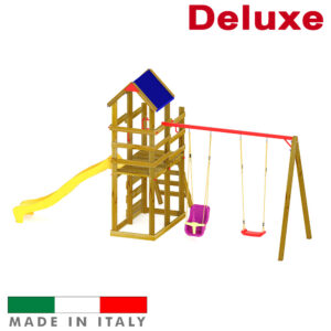 Torre doppia con tetto arrampicata altalena doppia con un sedile libero e un sedile a gabbia deluxe