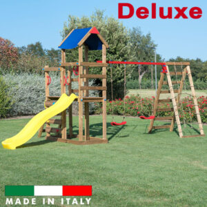 Torre doppia con tetto arrampicata altalena con due sedili liberi e sartia deluxe