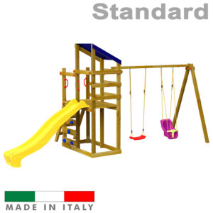 Torre doppia con tetto un sedile libero un sedile a gabba e scivolo standard