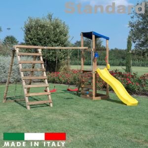 Torre singola con tetto arrampicata altalena doppia con due sedili liberi e sartia standard