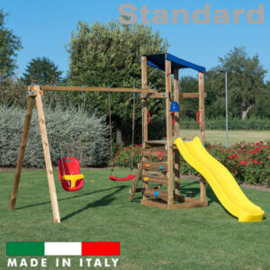 Torre singola con tetto arrampicata altalena doppia con un sedile a gabbia e un sedile libero standard