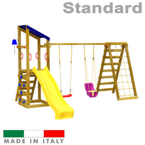 Torre singola con tetto arrampicata altalena doppia con un sedile libero un sedile a gabbia e sartia standard